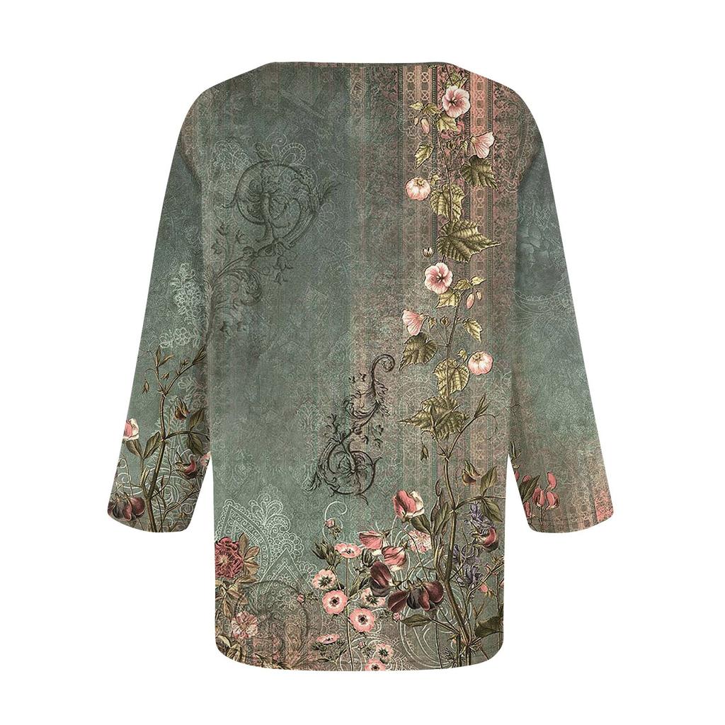 Dames 3/4 Mouw Shirts V-Hals Print Tops Casual Tops Basis T-shirts Blouse Losse Tops