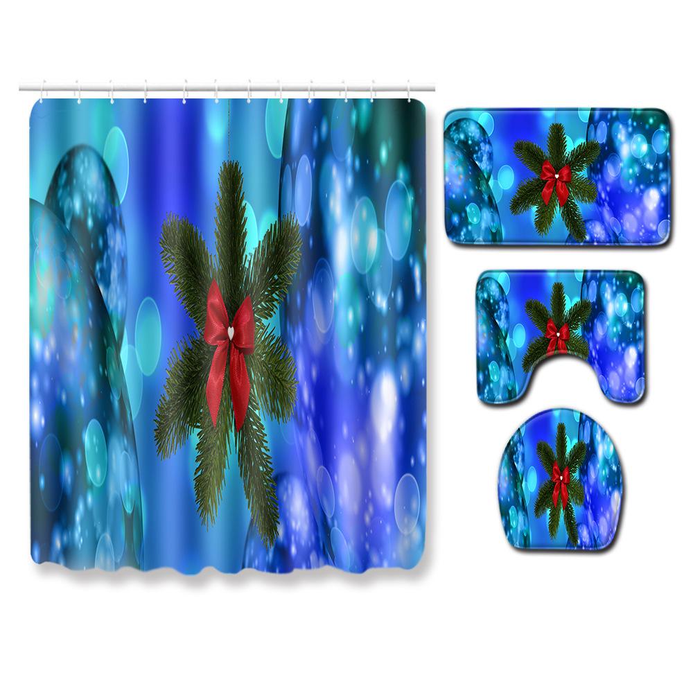Christmas Elements Bathroom Shower Curtain Floor Mat Toilet Cover Foot Mat Four-Piece Pattern Size