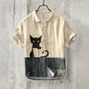 Summer Fashion Large Size Youth Men's Short Sleeve Shirt Linen Cardigan Lapel Funny Cat Ink Painting Print
