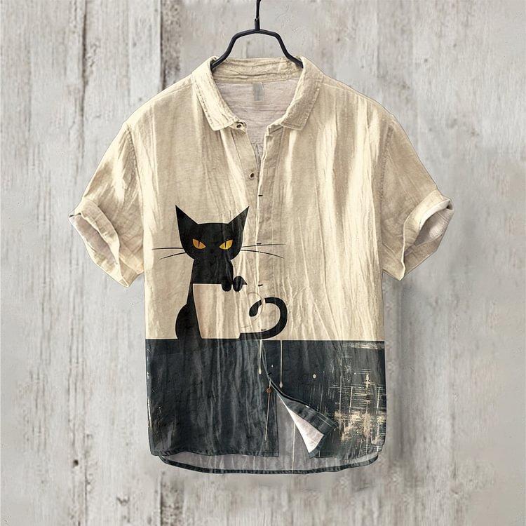 Summer Fashion Large Size Youth Men's Short Sleeve Shirt Linen Cardigan Lapel Funny Cat Ink Painting Print