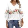 Women's Fashion Casual Seven-minute Sleeve Vintage Floral Print Top V-neck T-shirt Flared Sleeve Shirt