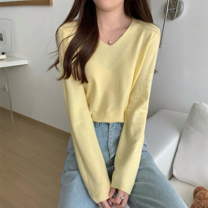 Autumn Winter V-neck Solid Color Simple All-match Bottomed Knitting Top Women Long Sleeve Casual Pullover Sweater