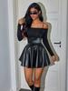 Rose Beauty A Y2K Rave High Waist Ruffle Hem PU Leather A Line Flare Pleated Bodycon Mini Skirt