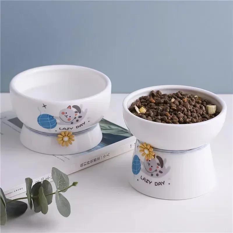 Pet Ceramic Basin Cat Basin Cat Bowl High Feet Cute Cat Food Bowl Puppy Bowl with Placemat Anti-tip Drinking Bowl