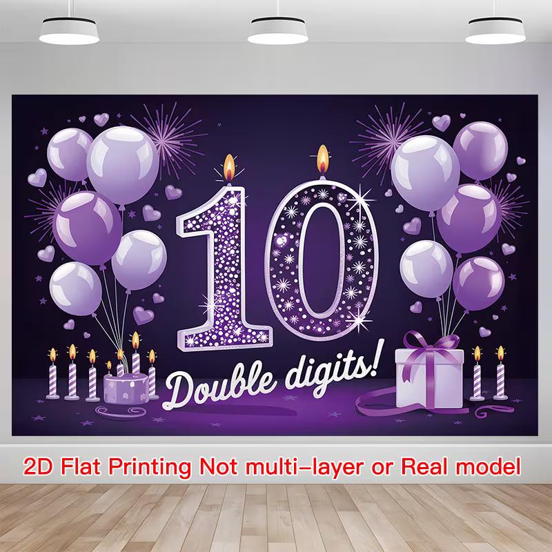 2D Flat Print 10th Birthday Backdrop, Purple Balloon & Fireworks Happy Birthday Banner 47.2x31.5inch/120*80cm