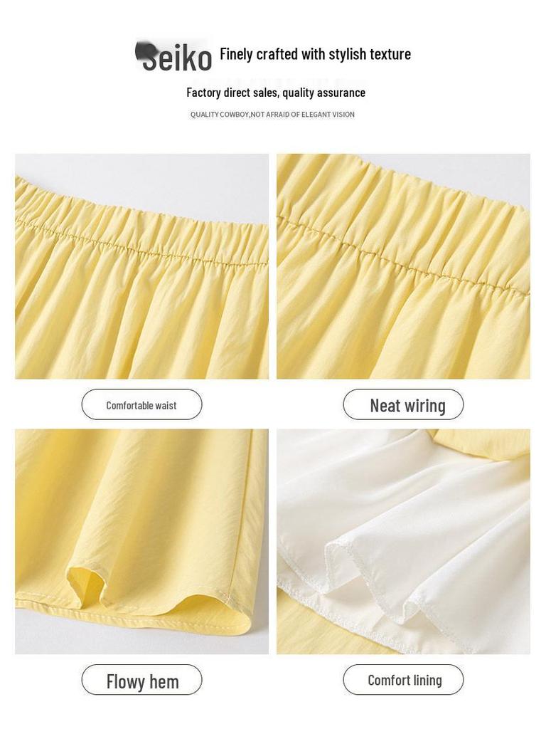 Women's Yellow High-Waist Ice Silk Pleated Long Skirt - Summer A-Line Slimming Design