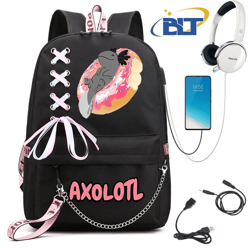 Cute Axolotl Printed Student Schoolbag for Girls Black Backpack Usb Kids Casual Bag Back To School Gift