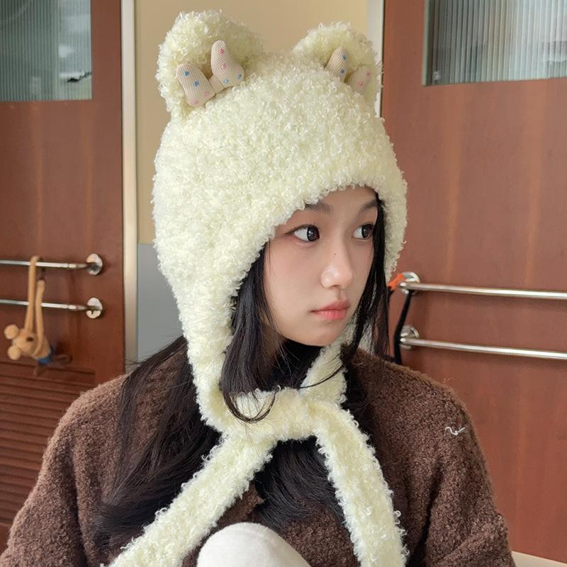 Korean cute bow plush circle bear hat women's thickened warm knitted headgear ear cap