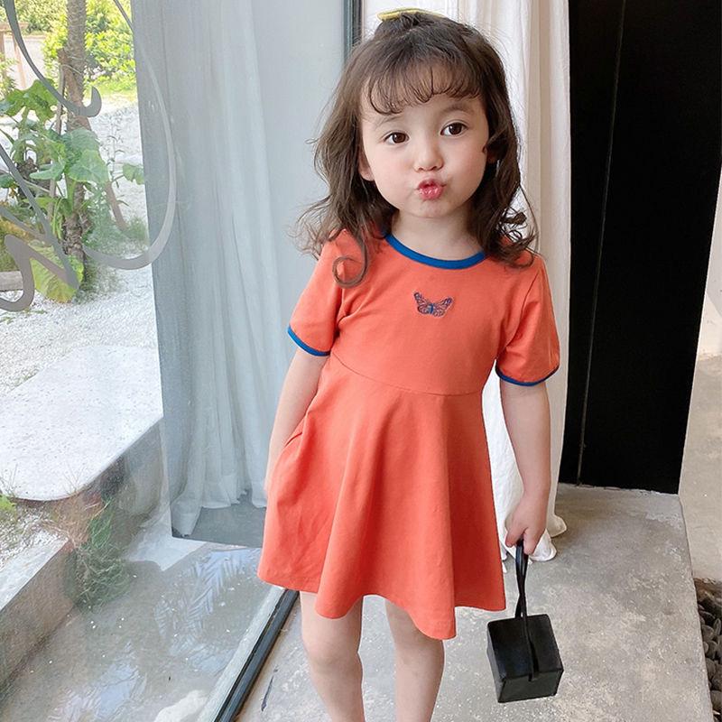 

Летнее оранжевое платье принцессы для девочек 2025 - Короткий рукав, Однотонное, Корейский стиль 90 cm красный/оранжевый