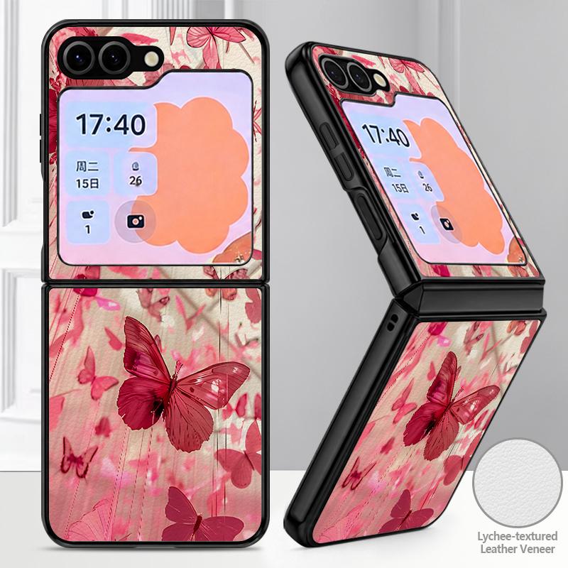 Luxury Butterfly Print Case For Samsung Z Flip 8 7 6 5 Luxury Leather Skin Hard Folding Phone Cover For Galaxy Z Flip8 Flip7 Flip6