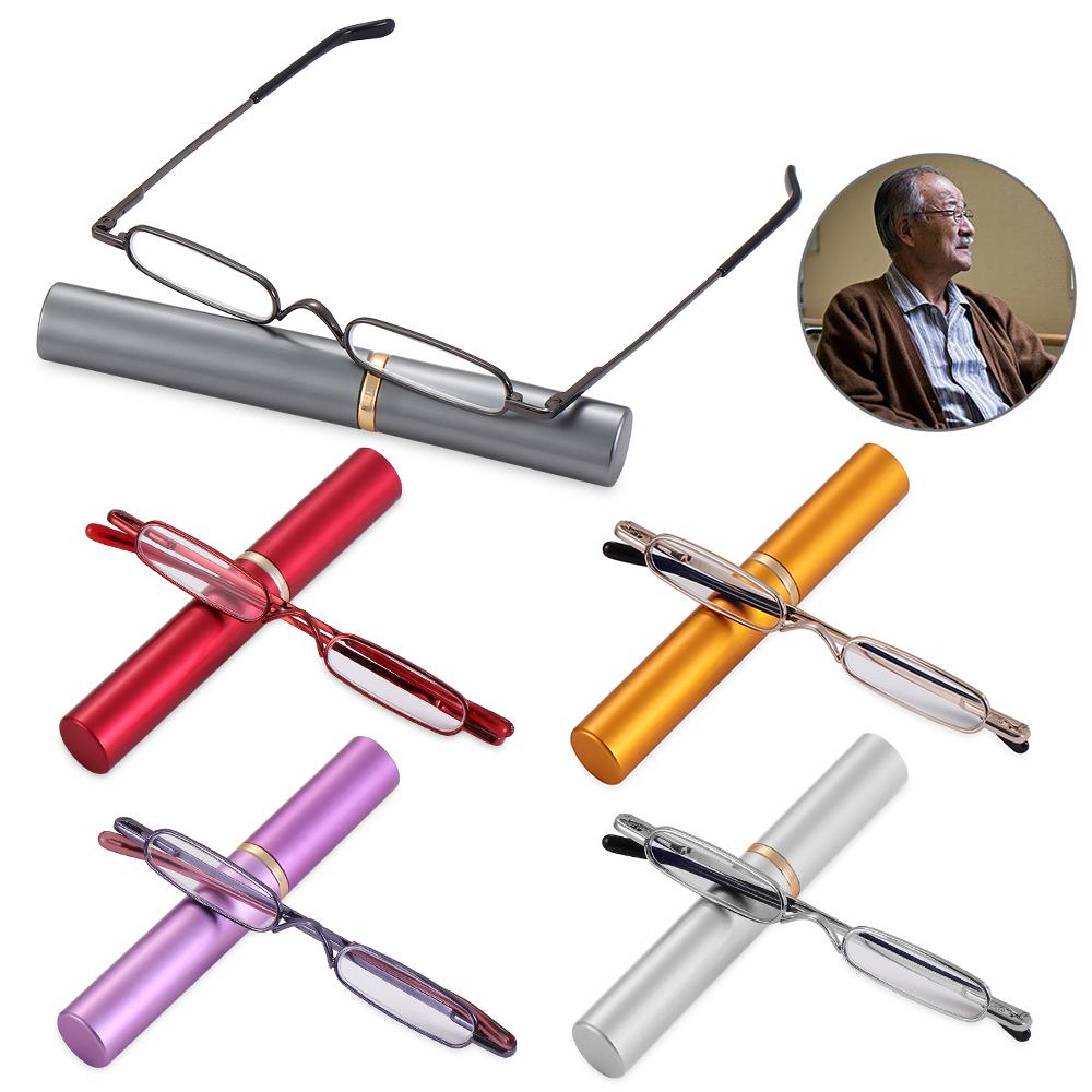 Mini Slim Reading Glasses Unisex Portable Presbyopic Glasses With Pen Tube Case Spring Hinge Men Women Vision Care +1.00~+4.00