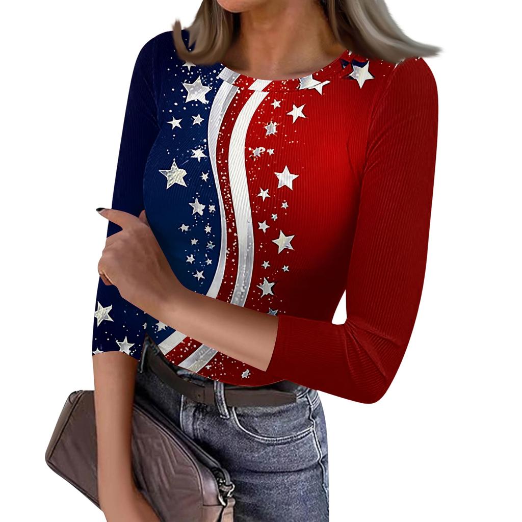 Women's Casual Fashion Round Neck Independence Day Print Three-Quarter Sleeve Ribbed Top