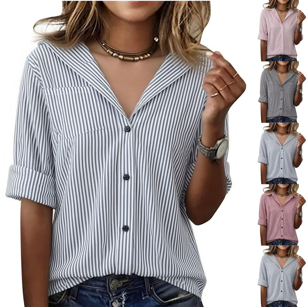 Women's Striped Button Down Shirt Long Sleeve Collared Casual Slim Fit Lightweight Summer Blouse for Everyday Wear