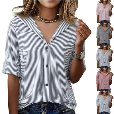 Women's Striped Button Down Shirt Long Sleeve Collared Casual Slim Fit Lightweight Summer Blouse for Everyday Wear
