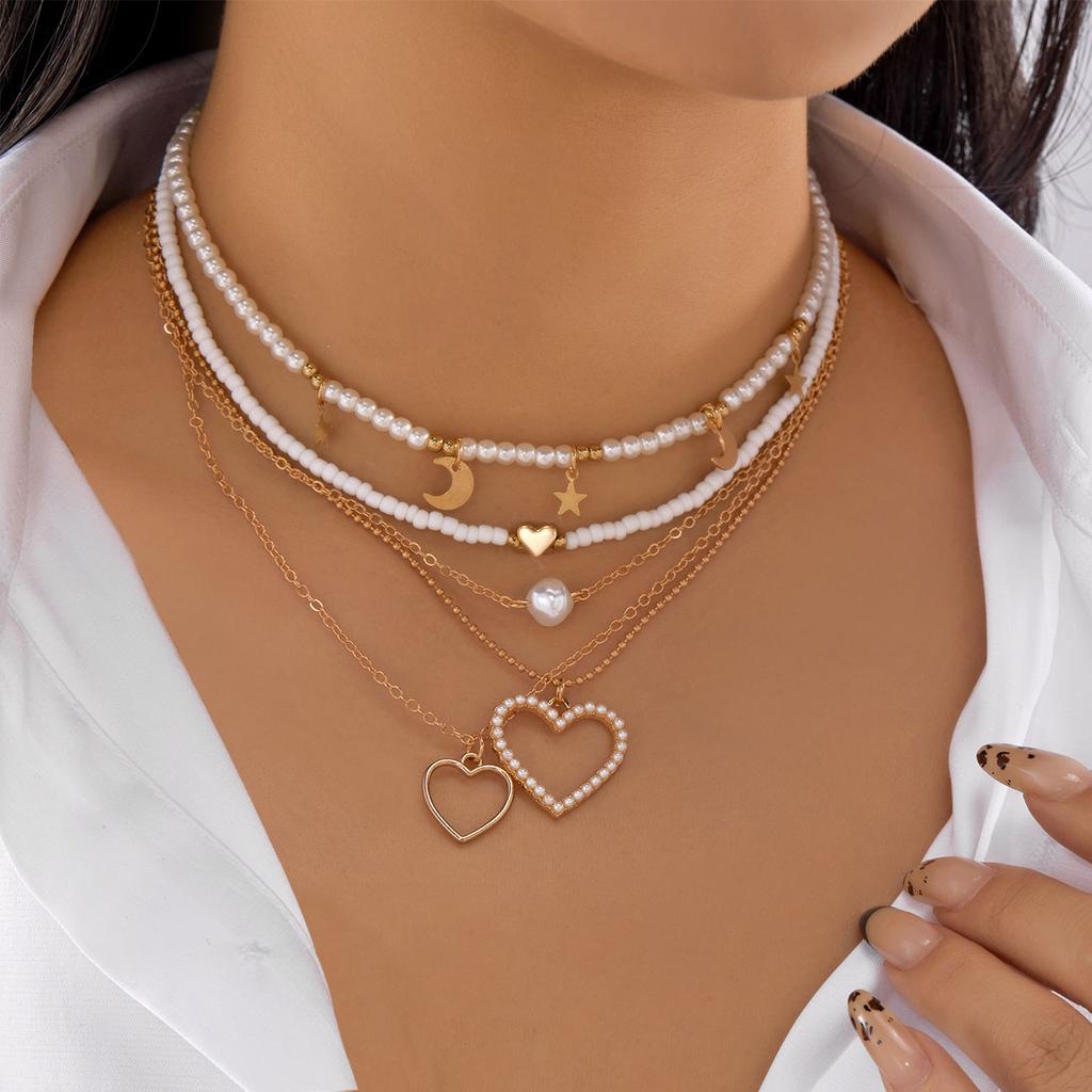 New Elegant Imitation Pearl Beads Necklace for Women Vintage Multilayer Heart Tassels Choker Fashion Jewelry Accessories Gift