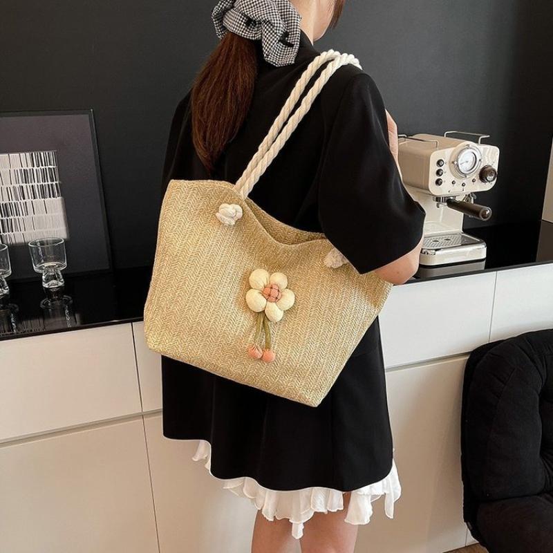 Summer Women Straw Woven Shoulder Bag Straw Bag Flower Embroidery Beach Handbags Casual Ladies Large Capacity Totes Pouch