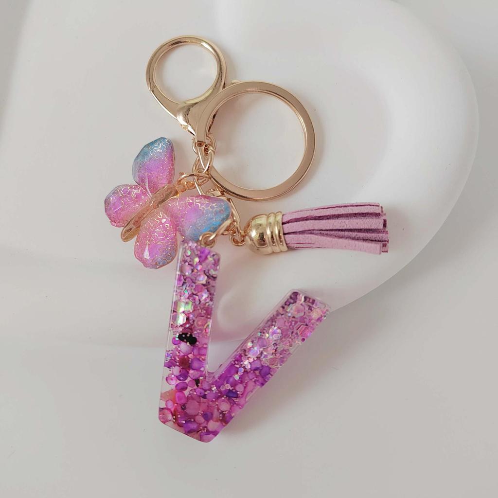 Purple Iridescent Resin Letter Keychain with Butterfly Tassel