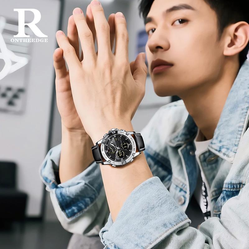 Men's Waterproof Dual-Display Leather Quartz Watch - Trendy, Multifunctional, Round Dial, Electronic Student Edition