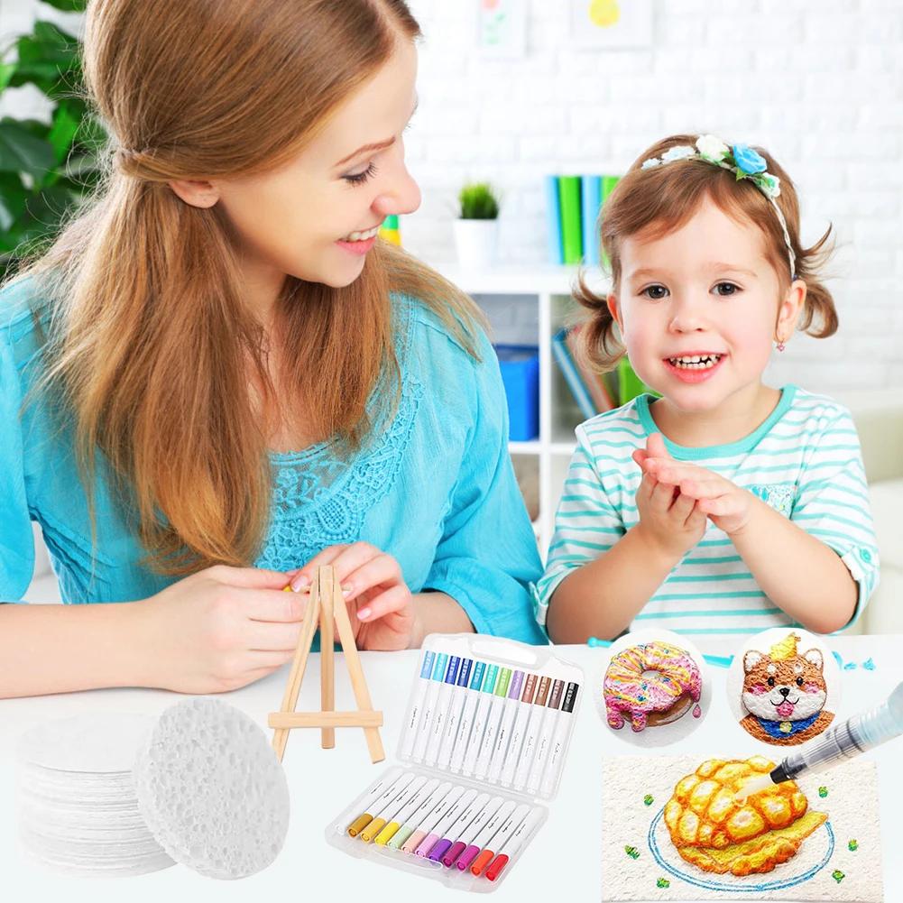 Magic Puffy Paint Art 3D Drawing Magic Canvas Sponge with 10 Foam Paint Paper and 12 Markers and 3 Soft Tip Water Storage Brush