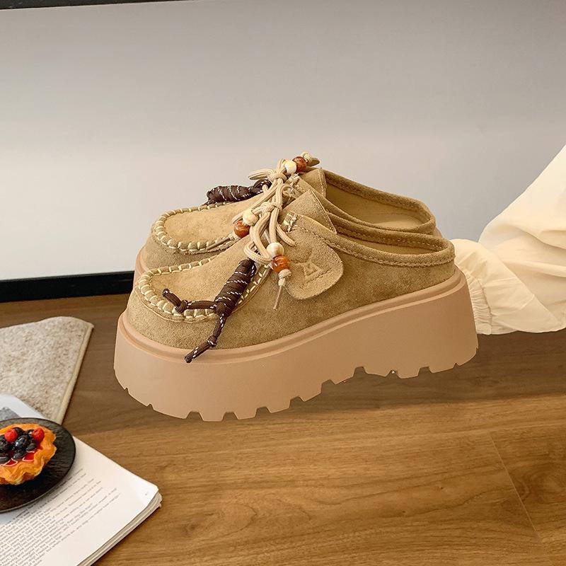 

Women s Retro Khaki Camel Beaded Toe-Cap Half Slippers with Thick Soles 38 хакі