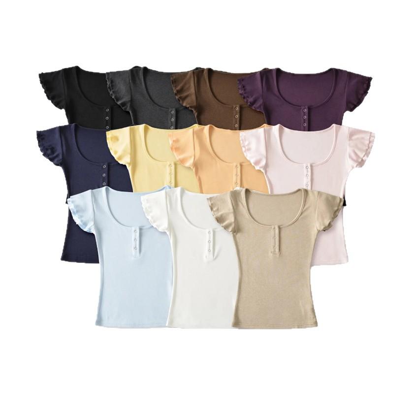 U-neck short-sleeved T-shirt women's summer new Spice Girl style solid color slim-fitting and thin short hidden button bottoming shirt top