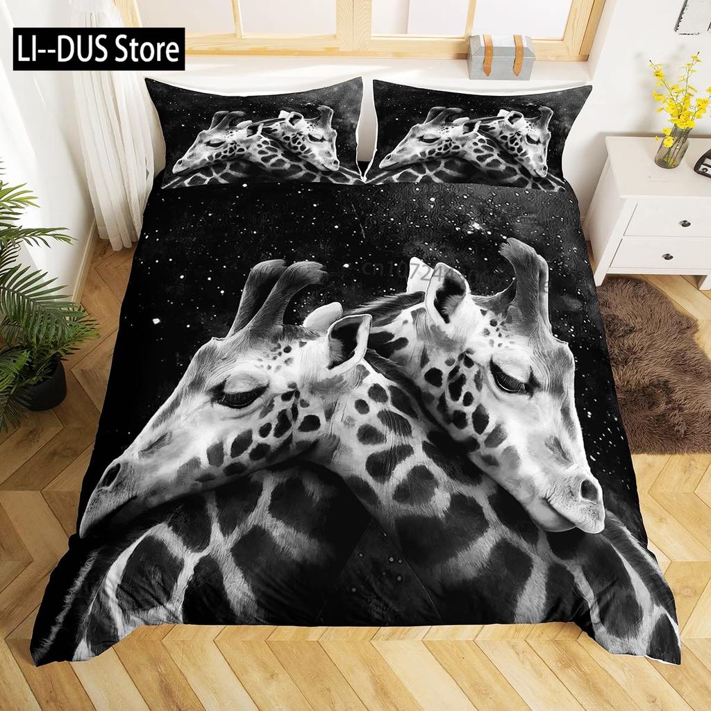 Cute Giraffe Bedding Set Full Size 3pcs with 1 Duvet Cover 2 Pillowcases Animal Bedding Set for Kids Boys Girls Room Decoration