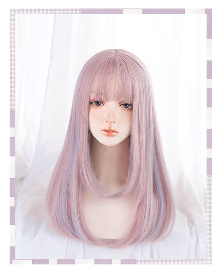 Full Pink X Blue Harajuku Small Face with Net Semi-long Wig, Ladies' Wig, Straight, Natural, Style, Popular, Effect, Cute,