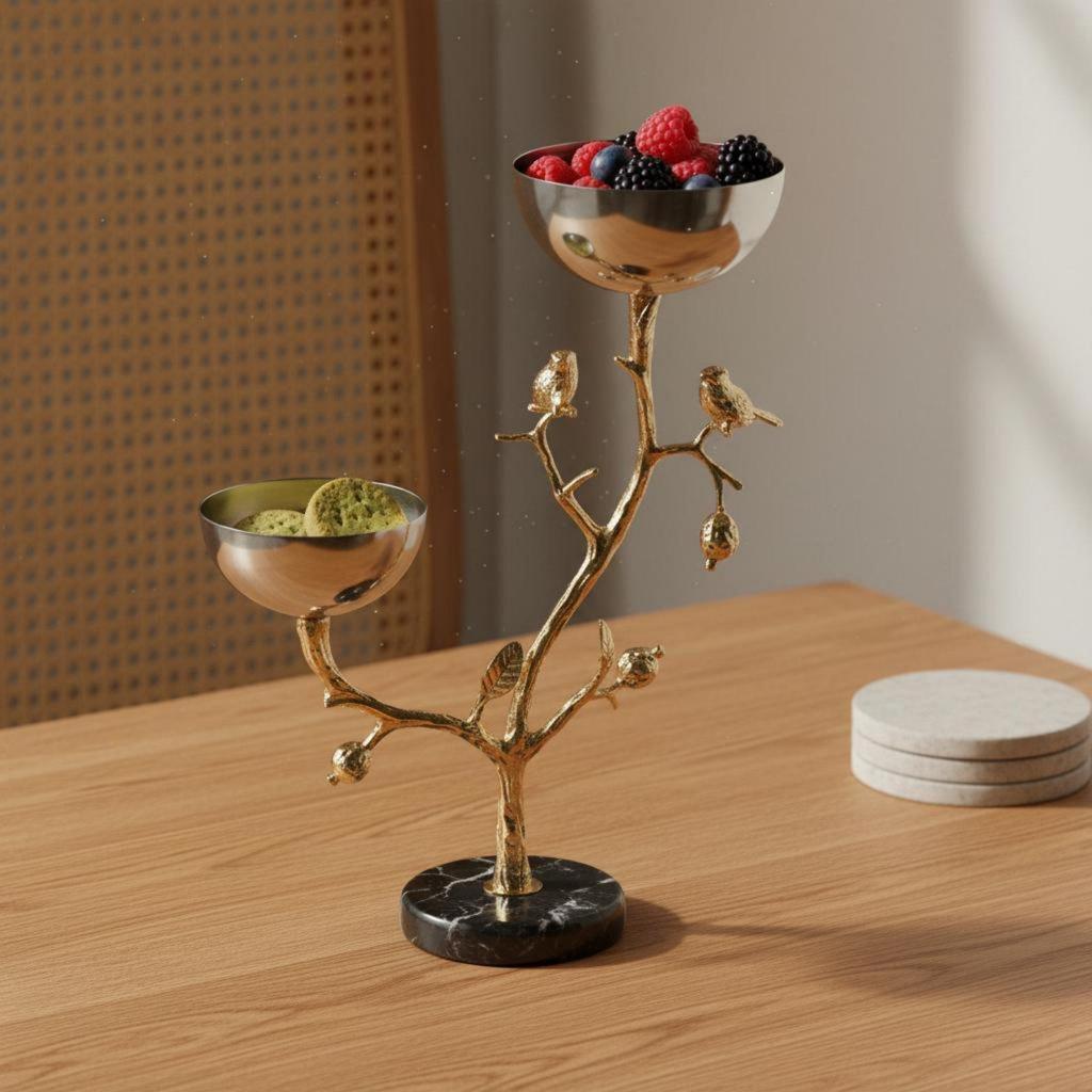 Bird On Branch Serving Bowl Abstract Art Design 2-Tier Fruit Stand Marble Base