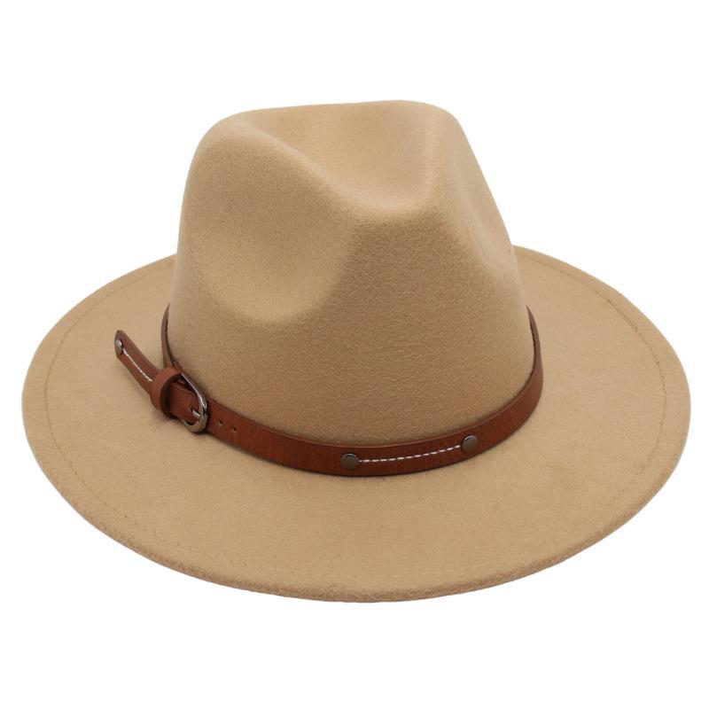 Big Edge Top Hat Belt Buckle Jazz Hat Men'S And Women'S Felt Hat Street Shooting Gambler Hat Concave Fedora Hat Tide