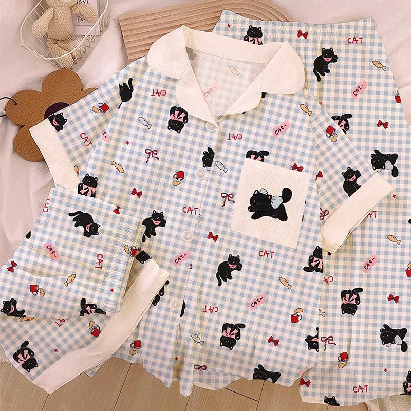 High-Value Cloud Cotton Pajamas Women'S Summer Cute Bow Cat Loungewear Short-Sleeved Three-Piece Set
