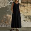 Women’s Fashion Sleeveless Crew Neck Loose Fit Cotton Linen Casual Maxi Dress with Pockets Relaxed Style