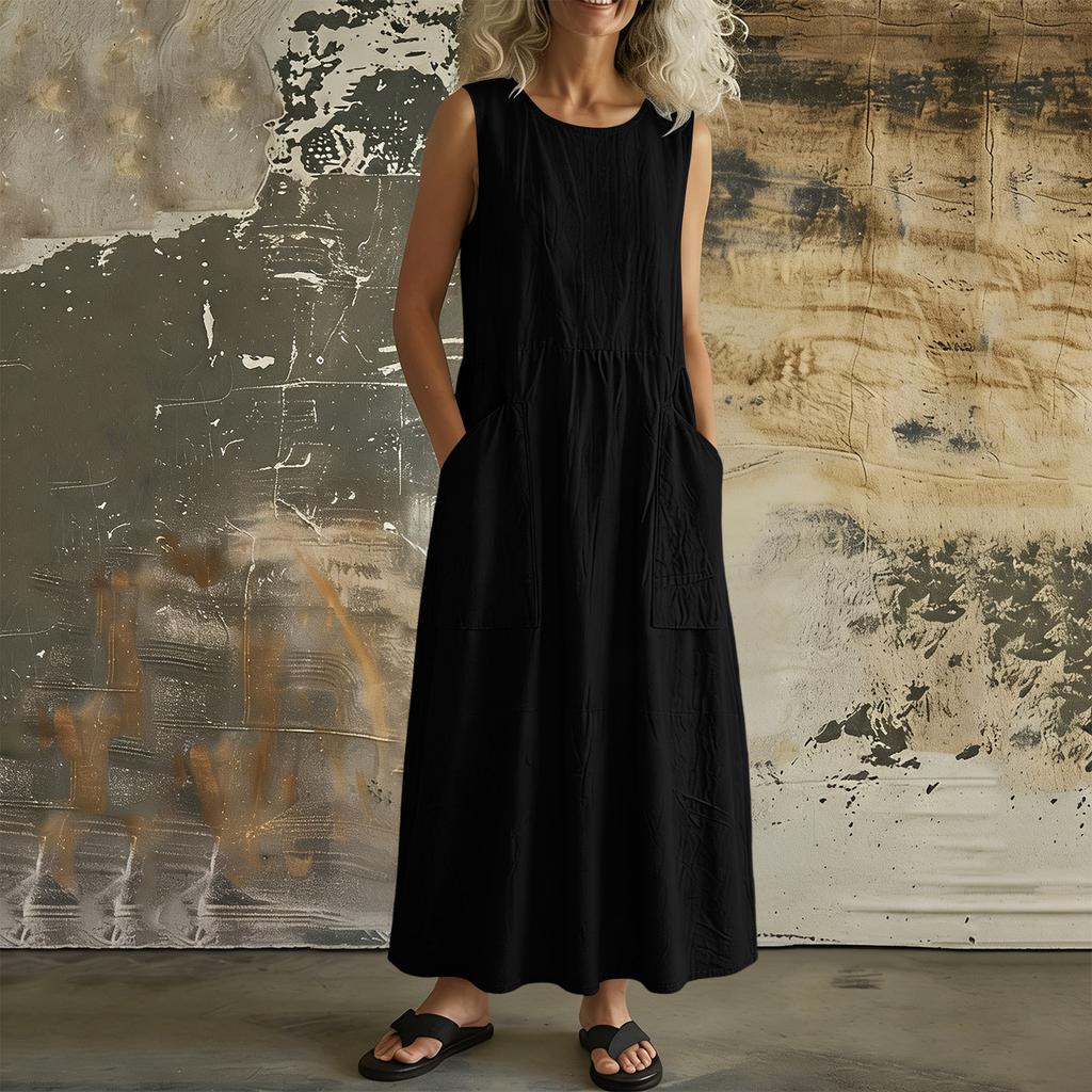 Women’s Fashion Sleeveless Crew Neck Loose Fit Cotton Linen Casual Maxi Dress with Pockets Relaxed Style