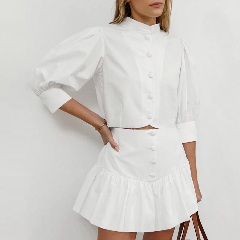 Costume elegante albe cu fustă, femei, cămăși cu mâneci bufante + fuste cu volane, bumbac și in, ținute de vacanță, seturi de două piese