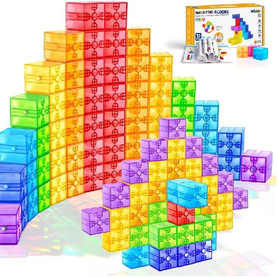 Magnetic Blocks - 52pcs Translucent Magnetic Cubes, Digit Building Blocks Magnet Toys for Kids, Rainbow STEM Creativity Toys 3+ Year Old Boys & Girls 32pcs