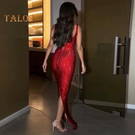 Damska wieczorowa sukienka z głębokim dekoltem, cekinowa, bez rękawów, do ziemi, dopasowana, jednokolorowa, maxi, sukienka na bal, bankiet, wesele, sukienka typu tuba