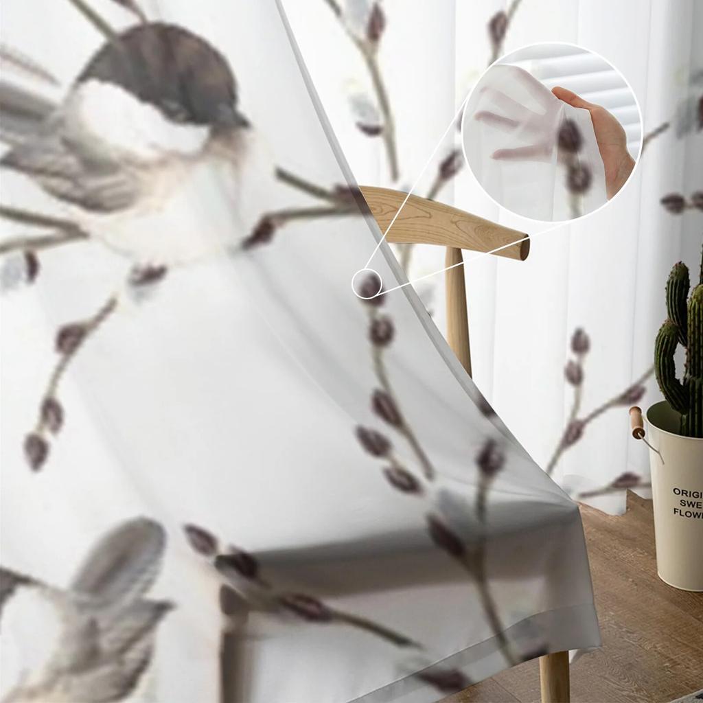 Cortinas transparentes de galhos de salgueiro e pássaros Cortina de voile para quarto Cortinas transparentes para janela da sala de estar Cortinas de tule para cozinha