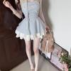 French summer new neck bow suspender dress female slim and thin plaid high waist tutu