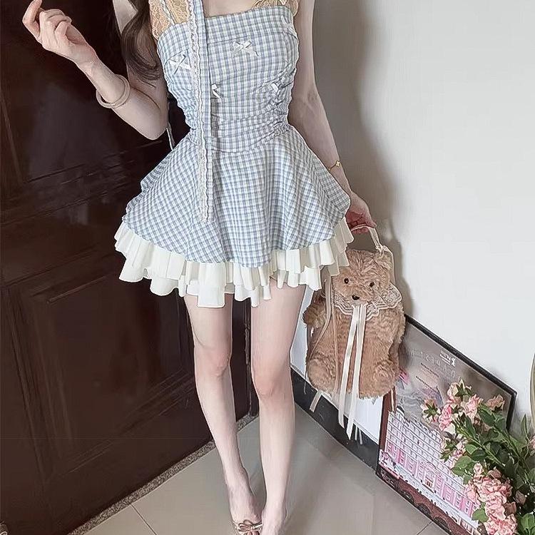 French summer new neck bow suspender dress female slim and thin plaid high waist tutu