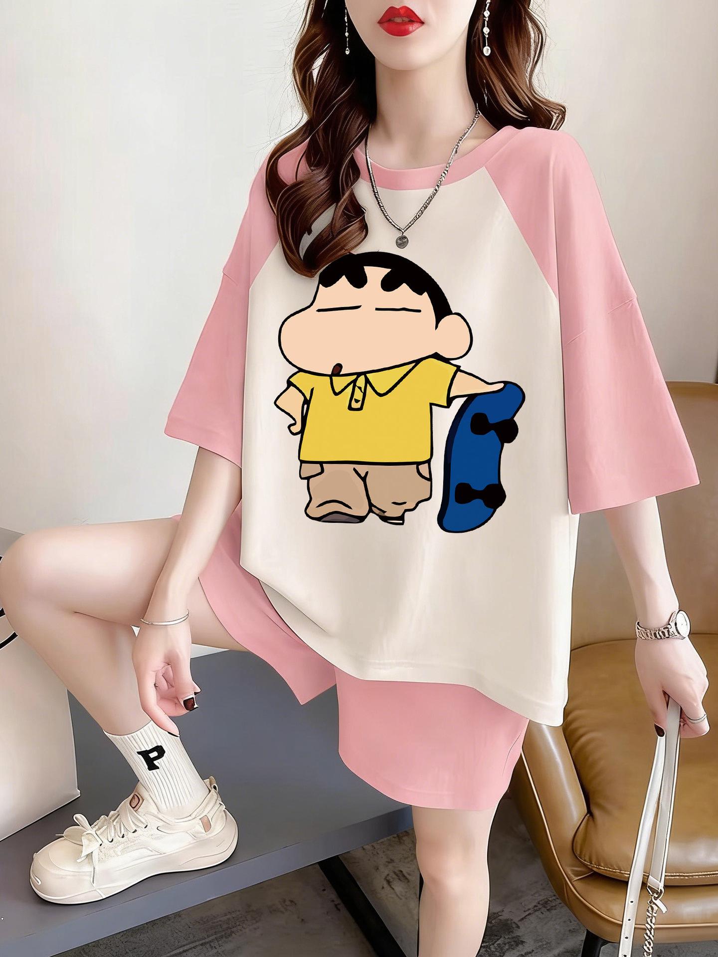 

Plus Size Cartoon Print Cotton T-Shirt - Round Neck, Short Sleeve, Loose Mid-Length, Slimming Fit Small рожевий/абрикосовий