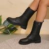 Herbst Damen Mid-Calf Stiefel Große Größe Seitenreißverschluss Britischer Stil Retro Runde Spitze Ritterstiefel Lässig Einfarbig Kurze Stiefel