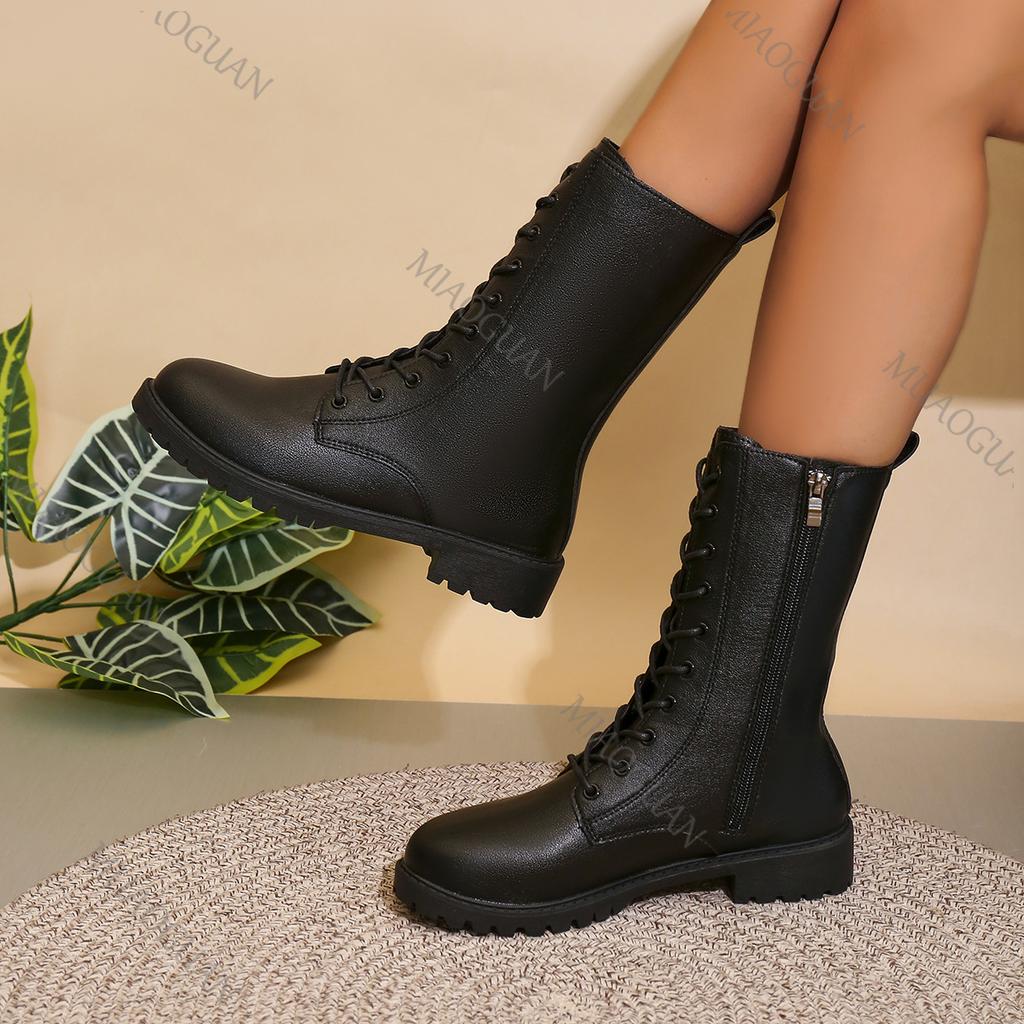 Herbst Damen Mid-Calf Stiefel Große Größe Seitenreißverschluss Britischer Stil Retro Runde Spitze Ritterstiefel Lässig Einfarbig Kurze Stiefel