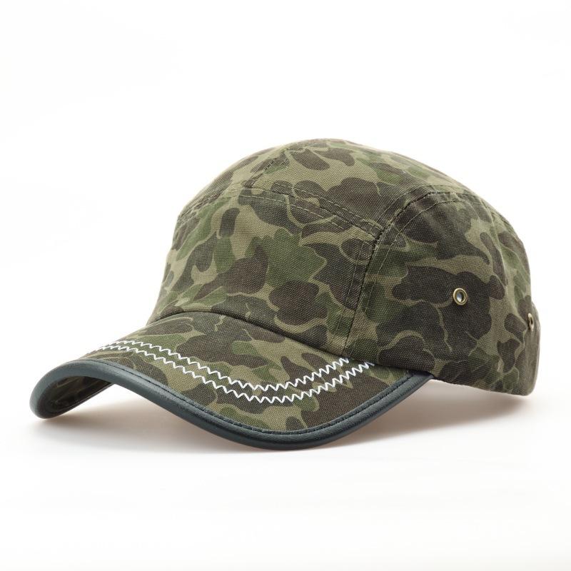 Fashion Hat vintage American camouflage leather edge baseball cap, unisex workwear style five-piece baseball cap, face-enhancing small bun cap