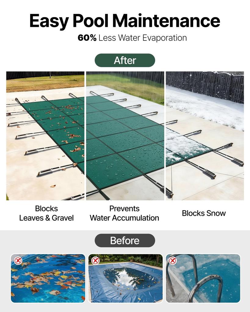 Rectangular Safety Mesh Swimming Pool Cover 14X26 FT Green Winter Outdoor
