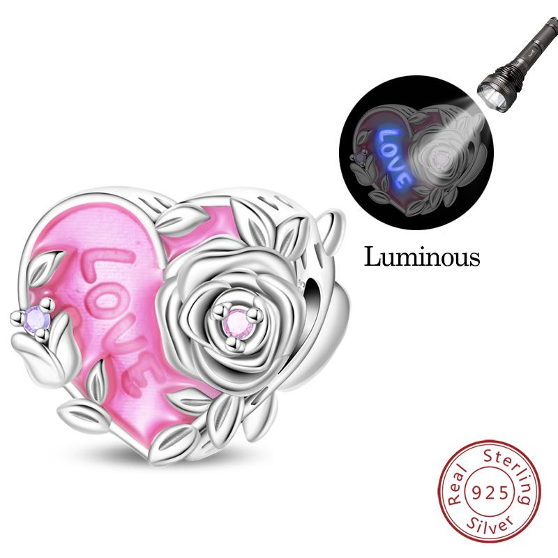 Copper Pink Love Series Charm Love Cube Little Bear Luminous Pendant Fit Original Bracelet Romantic Wedding Jewelry