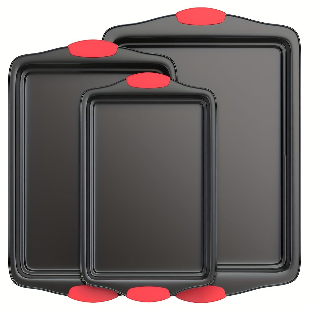 1pc Non-stick Baking Tray | Carbon Steel, Heat-resistant, with Red Silicone Handle, Easy to Clean, Suitable for Cookies, Cakes, and Bread | Brand: LDQ