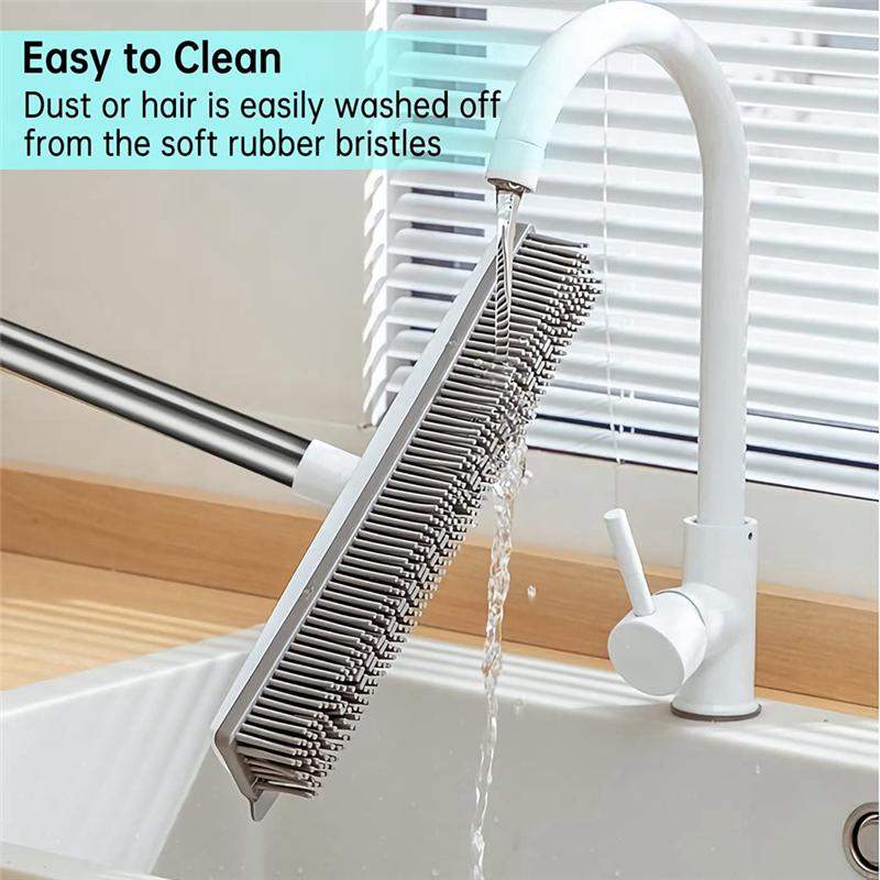 A25F-Rubber Broom With Squeegee And Adjustable Long Handle Pet Hair And Fur Remover Floor Brush For Hardwood Tile And Window