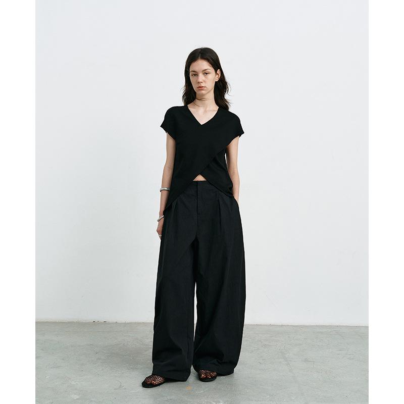 

Летние брюки из стираного хлопка с широкими штанинами и высокой талией для женщин - корейский стиль Medium чёрный
