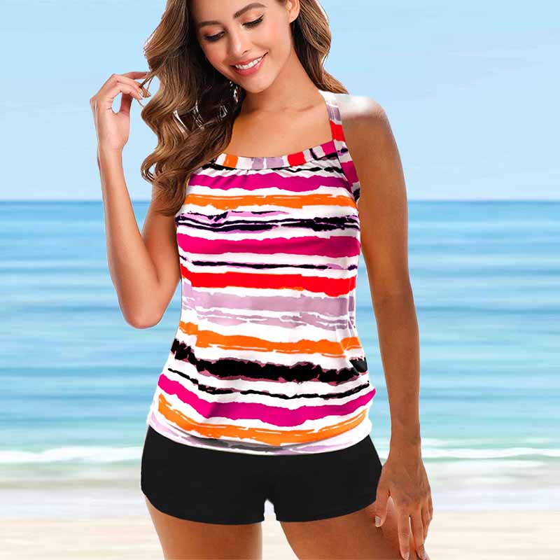 Women's Shoulder Strap Swimsuit Same Tone Stripes Print Bikini Tankini Swimsuit