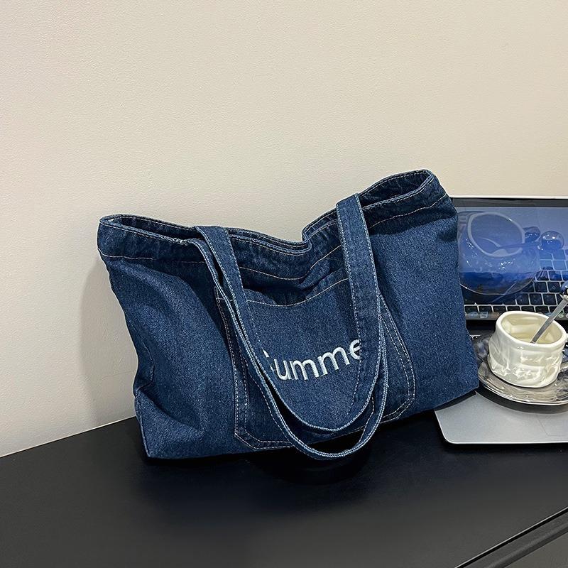 Large-capacity denim bag, fashionable, simple, lightweight, trendy handbag, literary and lazy, one-shoulder underarm bag for women