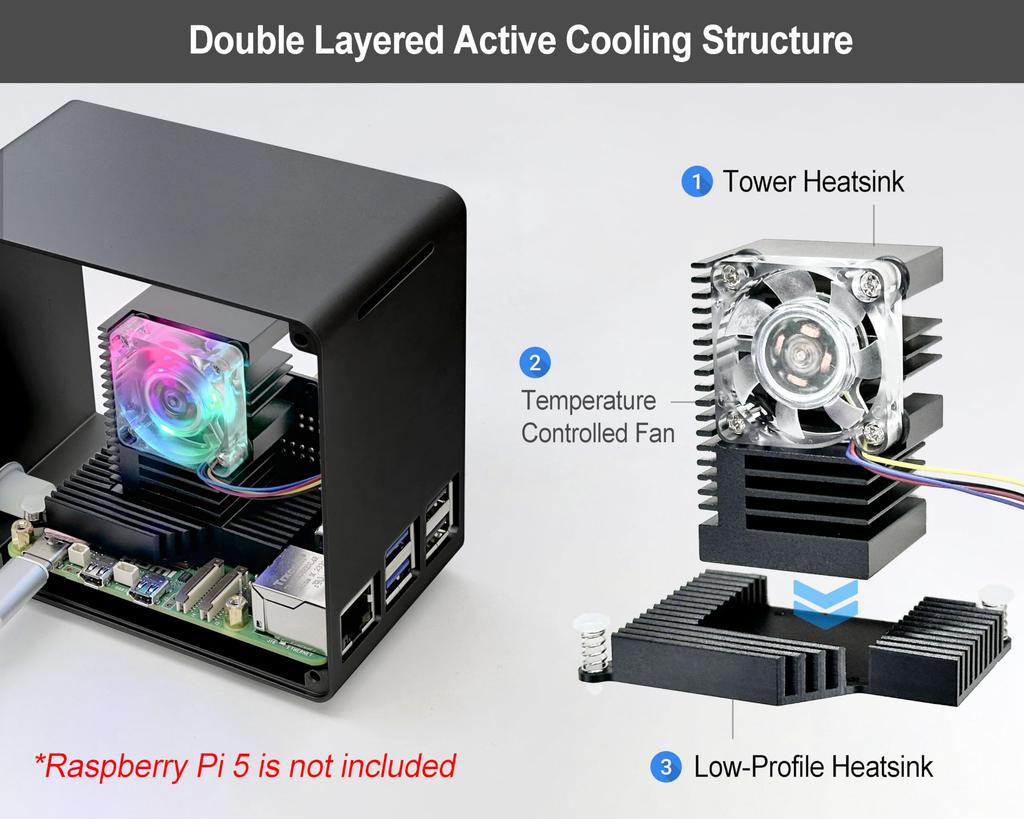 ElectroCookie Raspberry Pi 5 Case, Aluminum Mini Tower Case with Cooling Fan and Color-Changing Ambient Light (Black)